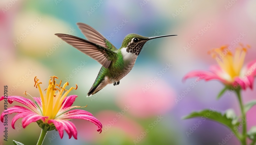 Fototapeta premium closeup of a hummingbird in mid-flight, hovering near a vibrant flower.