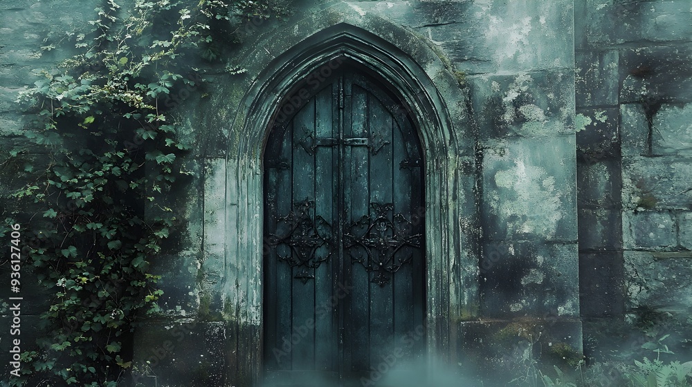 Mysterious Overgrown Gothic Castle Gate Shrouded in Ivy and Moss Amidst Lush Foliage