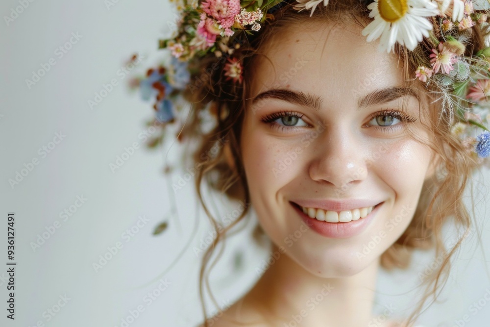 Young woman with a floral crown smiling softly against a light background, exuding a sense of joy and nature Young woman with a floral crown smiling softly against a light background, exuding a sense of joy and nature