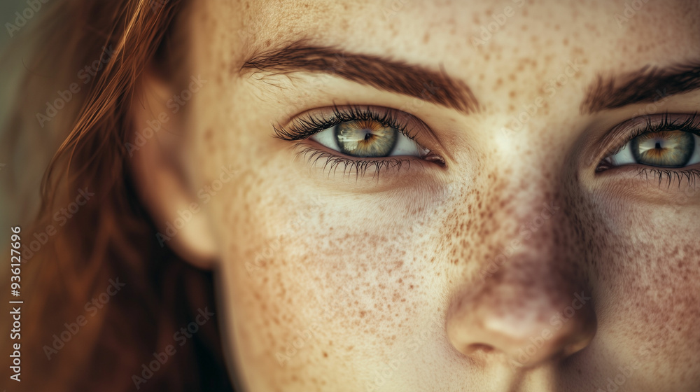 Close-Up Portrait of a Woman With Natural Freckles and Green Eyes in Natural Light Outdoors Close-Up Portrait of a Woman With Natural Freckles and Green Eyes in Natural Light Outdoors