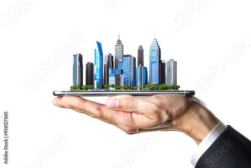 Smart city, smart building, and real estate business. Businessman hand holding mobile smart phone with India skyline Isolated on transparent background. photo