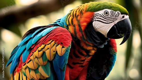 a closeup shot of a vibrant parrot with multi-colored feathers.