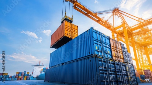 A vibrant image of a crane lifting a shipping container at a busy port, showcasing modern logistics and maritime industry.