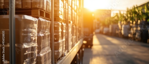 A beautiful sunset illuminates stacked cargo boxes in a shipping yard, showcasing the logistics and transportation industry.