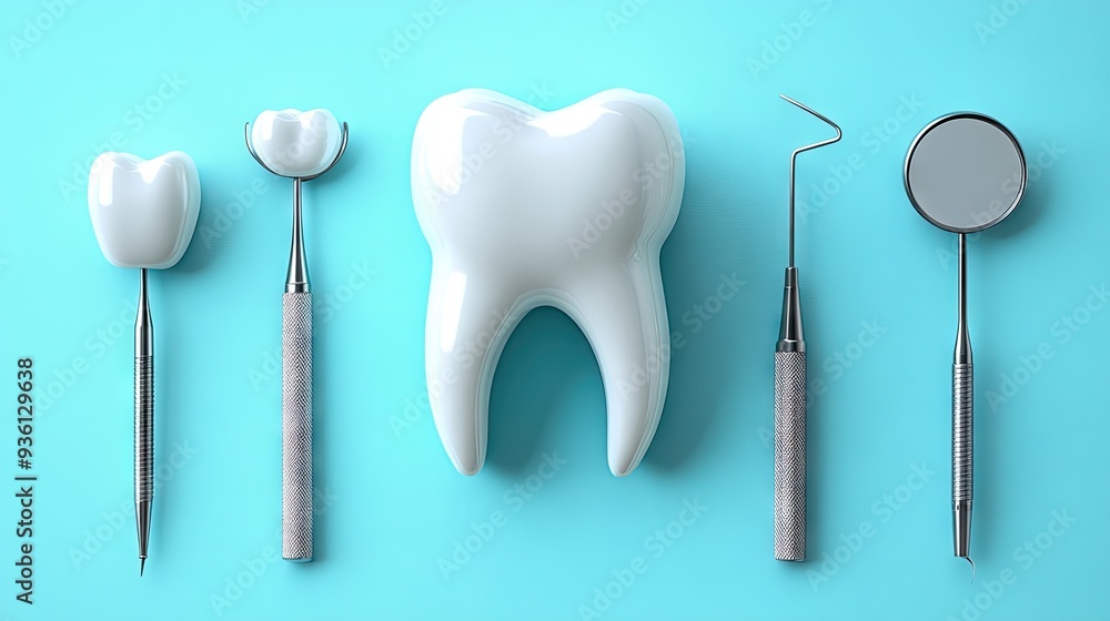 Large, single, healthy white tooth, three smaller teeth which appear to be dental fillings, and four dental instruments: a dental mirror, a dental probe Large, single, healthy white tooth, three smaller teeth which appear to be dental fillings, and four dental instruments: a dental mirror, a dental probe