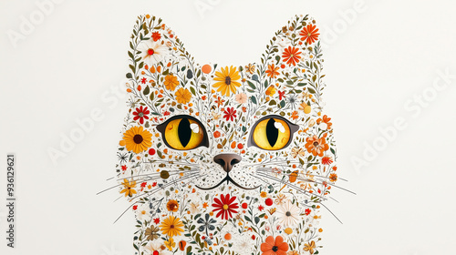 Floral cat illustration with yellow eyes made from detailed flowers and leaves on a white background