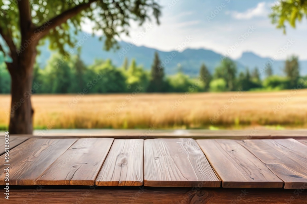 Empty wooden table photo for product with outdoor background Empty wooden table photo for product with outdoor background