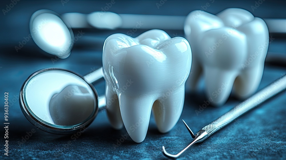 Large, single, healthy white tooth, three smaller teeth which appear to be dental fillings, and four dental instruments: a dental mirror, a dental probe Large, single, healthy white tooth, three smaller teeth which appear to be dental fillings, and four dental instruments: a dental mirror, a dental probe