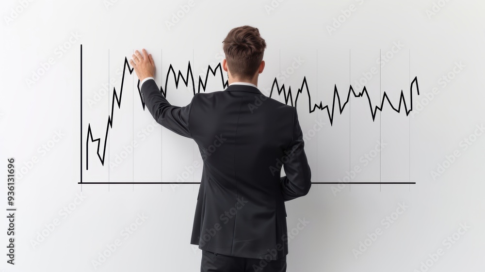 A businessman analyzing a stock market graph on a wall, highlighting trends and insights with a focused expression. A businessman analyzing a stock market graph on a wall, highlighting trends and insights with a focused expression.