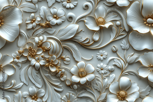 Luxurious 3D featuring a seamless floral pattern in white and gold tones with intricate large and small flowers, ideal for elegant designs for wedding cards, invitations and luxury decor.