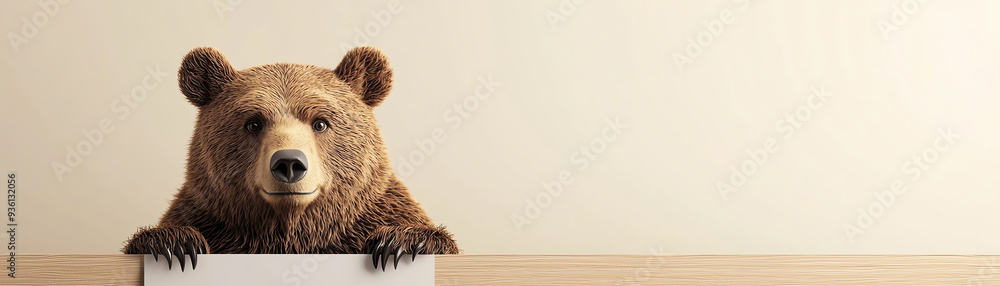 Fototapeta premium A curious bear peeking over a table, creating an engaging and playful atmosphere for various creative projects.
