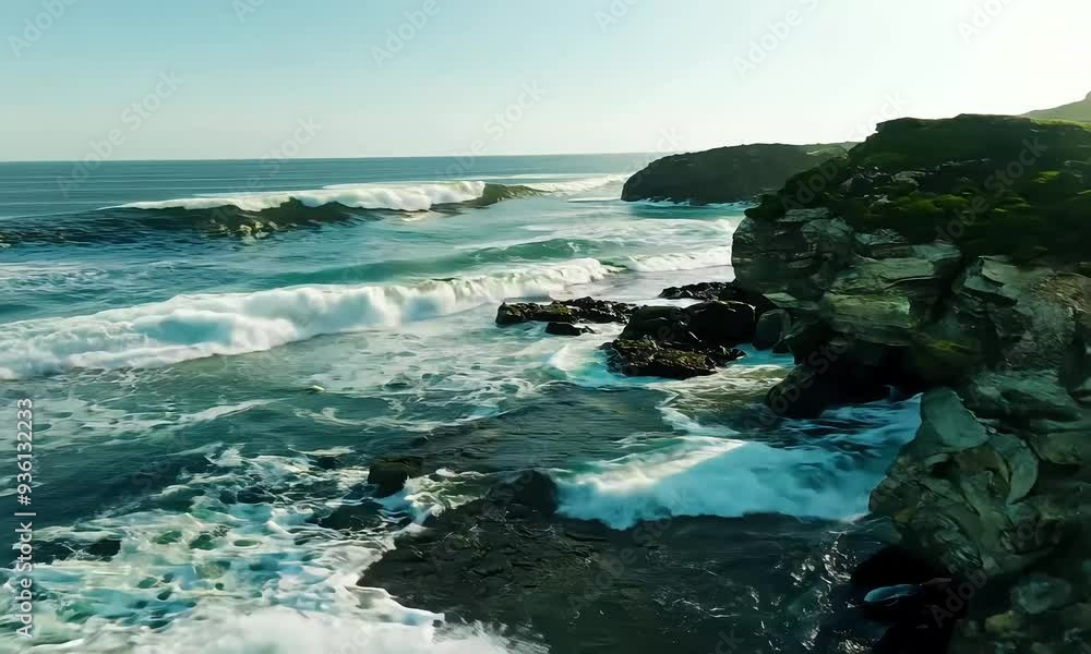 A scenic coastal view with waves crashing against rocky cliffs under a clear sky. A scenic coastal view with waves crashing against rocky cliffs under a clear sky.