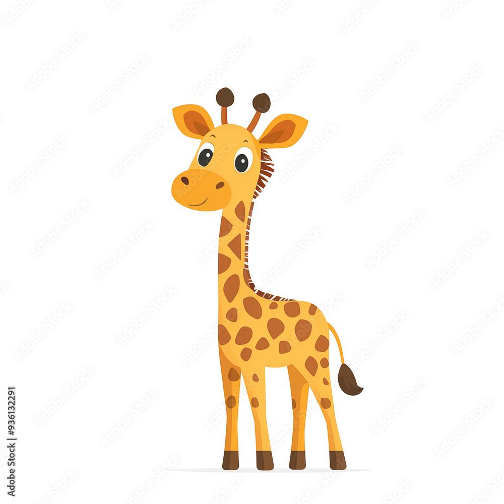 Cartoon flat illustration cute baby giraffe standing side view naive style on white background Cartoon flat illustration cute baby giraffe standing side view naive style on white background