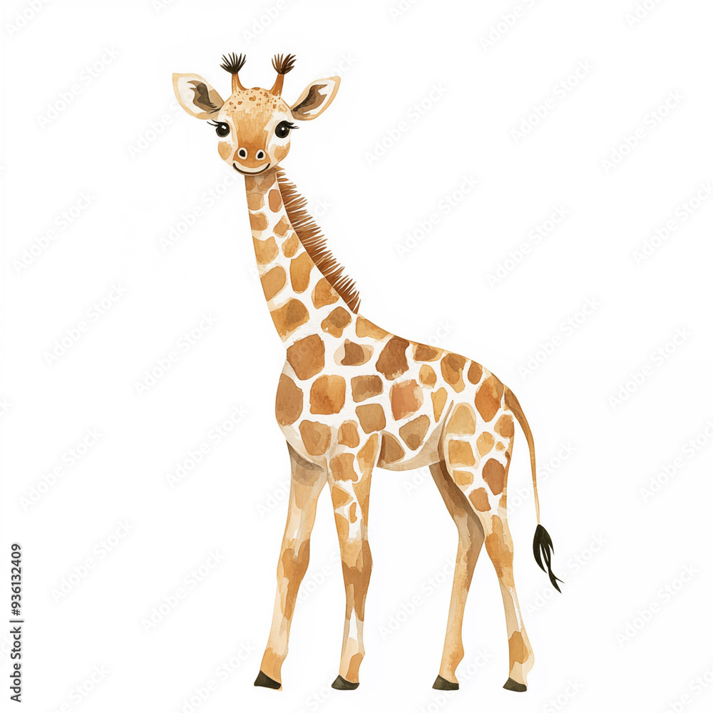 Naklejka premium Watercolor Cartoon flat illustration cute baby giraffe standing side view on white background