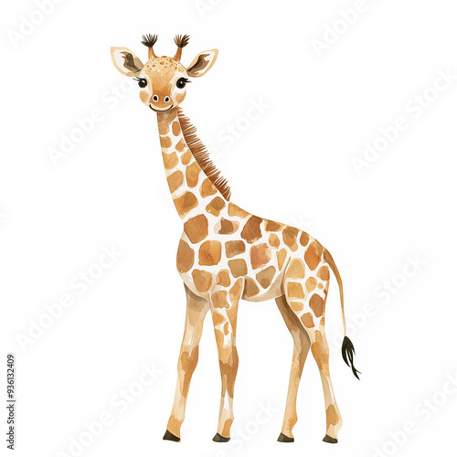 Watercolor Cartoon flat illustration cute baby giraffe standing side view on white background photo