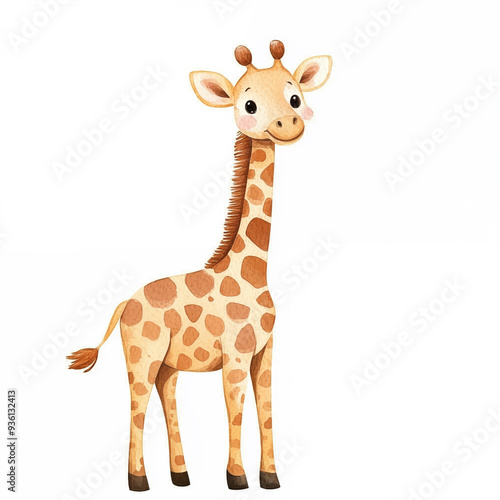 Watercolor Cartoon flat illustration cute baby giraffe standing side view naive style on white background