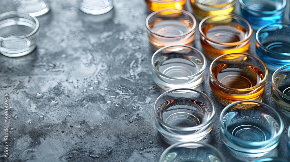 Close up laboratory dishes on grey background with copy space Concept of science research and chemistry Close up laboratory dishes on grey background with copy space Concept of science research and chemistry