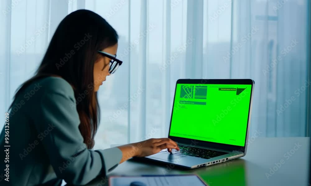 Chroma Green Screen Medium Portrait of Young Woman Managing Inventory on Laptop Chroma Green Screen Medium Portrait of Young Woman Managing Inventory on Laptop