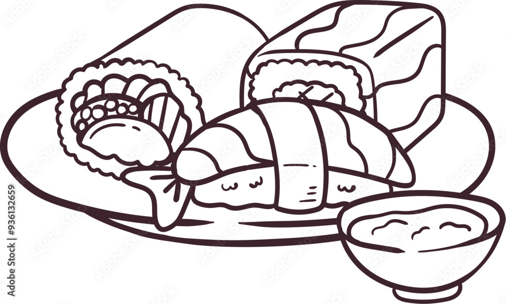 sushi With soya japanese food style line art sushi With soya japanese food style line art