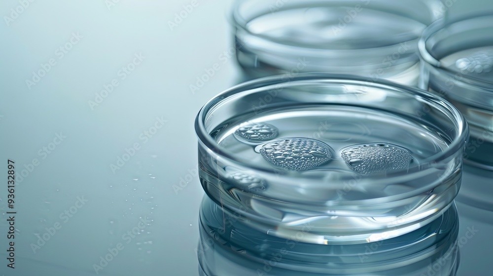 Close up laboratory dishes on grey background with copy space Concept of science research and chemistry Close up laboratory dishes on grey background with copy space Concept of science research and chemistry