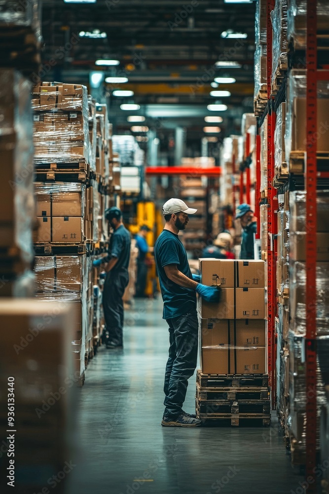 Warehouse workers handling packages, organizing and stacking boxes in a large storage facility, showcasing teamwork and logistics operations. Warehouse workers handling packages, organizing and stacking boxes in a large storage facility, showcasing teamwork and logistics operations.