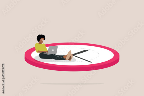 Business woman sitting on clocks, organizing time, planning tasks and scheduling. Concept of effective self organization and management control