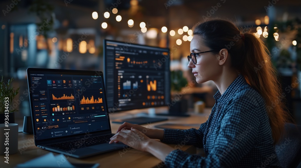 A woman wearing glasses is working on a laptop with data analytics displayed on the screen in a modern office setting. A woman wearing glasses is working on a laptop with data analytics displayed on the screen in a modern office setting.