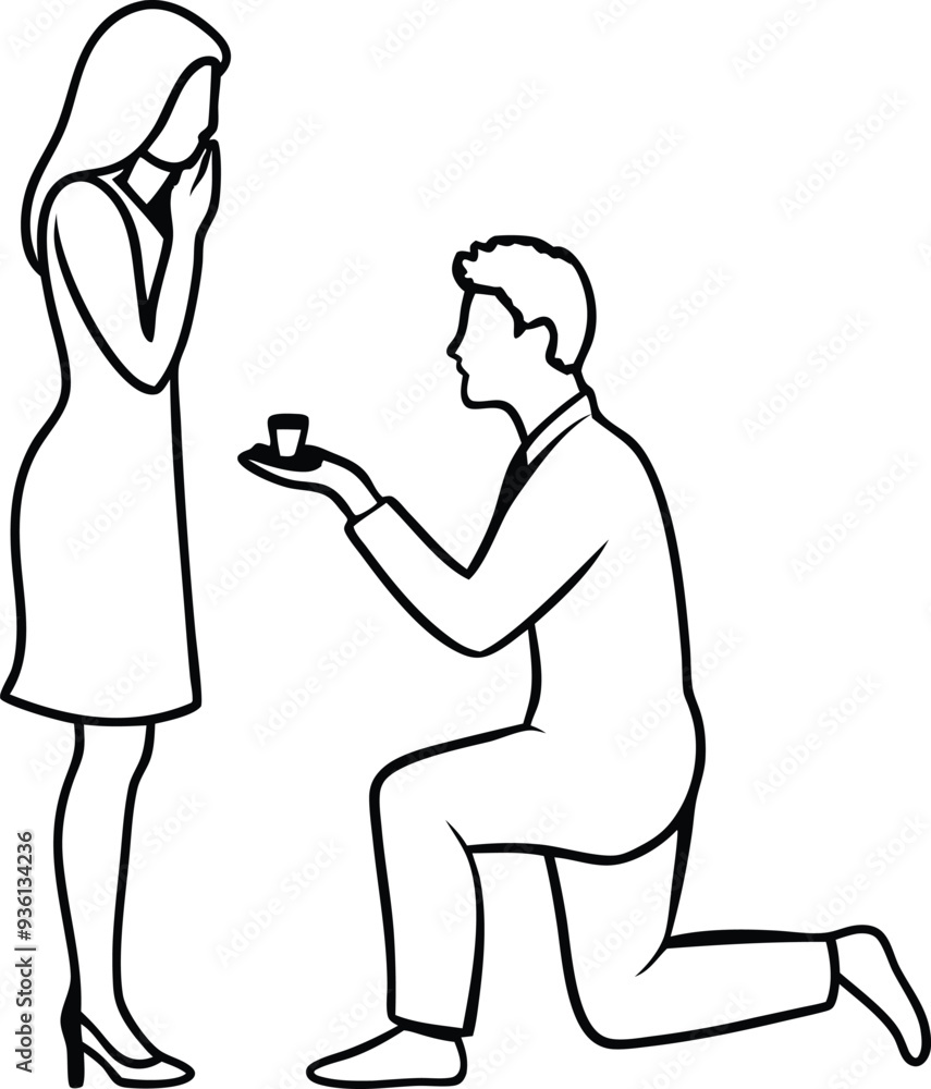 A man kneeling proposing to a womanline art illustration A man kneeling proposing to a womanline art illustration