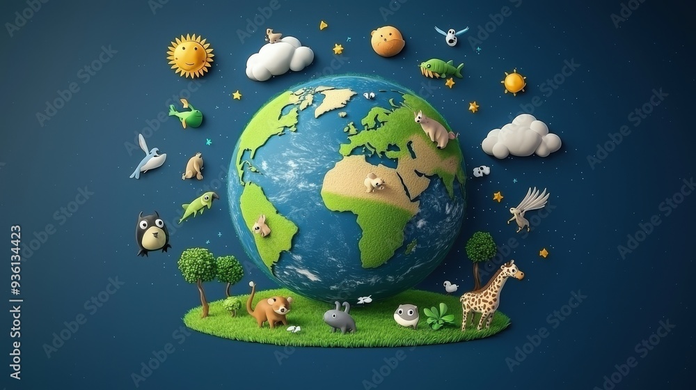 Fototapeta premium Colorful cartoon Earth illustration with diverse animals such as giraffes, tigers, and penguins, plants, and natural elements including mountains, rivers, and stars. 