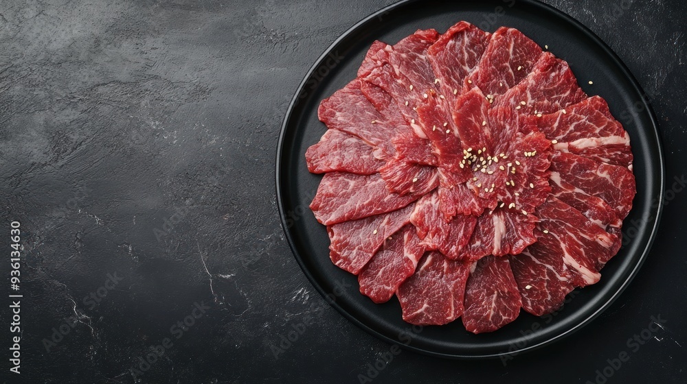 Raw Beef Slices on a Black Plate Raw Beef Slices on a Black Plate
