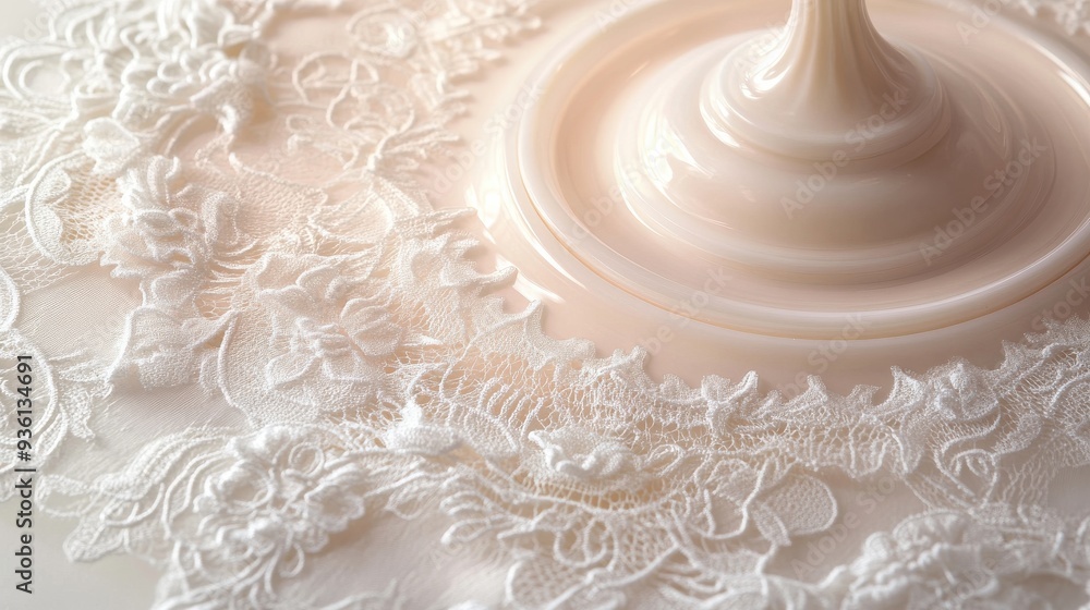 Exquisite Italian lace pattern in soft pastel tones elegantly draped around a delicate pink ceramic base for a sophisticated and refined aesthetic appeal Exquisite Italian lace pattern in soft pastel tones elegantly draped around a delicate pink ceramic base for a sophisticated and refined aesthetic appeal
