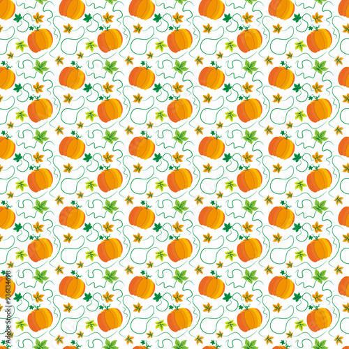 Beautiful seamless background with pumpkins and a vine with leaves