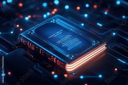 A glowing book on a futuristic circuit board background. photo