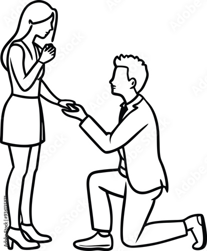 A man kneeling proposing to a womanline art illustration