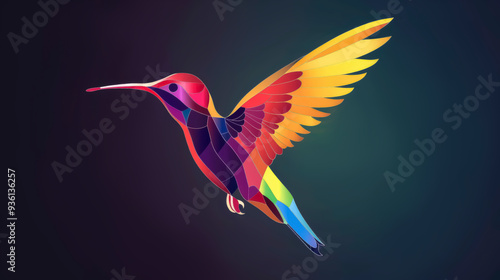 A vibrant hummingbird with colorful plumage hovers gracefully against a dark background, capturing the essence of nature's artistry and beauty in motion photo