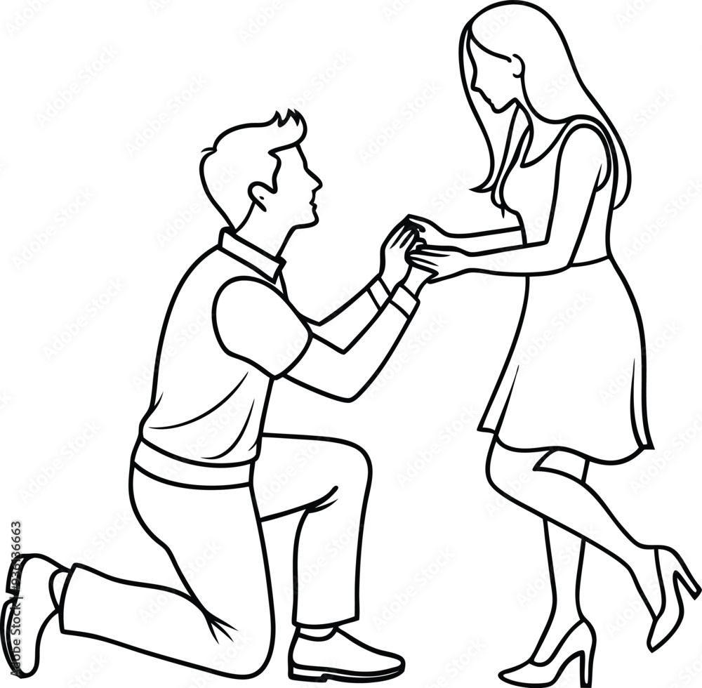 A man kneeling proposing to a womanline art illustration A man kneeling proposing to a womanline art illustration
