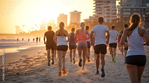 Diverse group of people jogging at sunrise on a beach, energy and health through community exercise