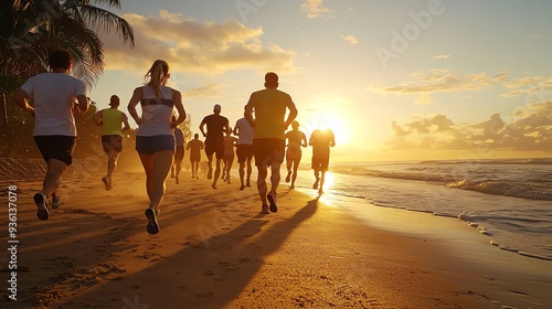 Diverse group of people jogging at sunrise on a beach, energy and health through community exercise