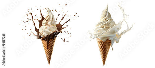 Set of Sweet Meltdown Ice Cream Falling from Cone on Transparent Background, Full Frame photo