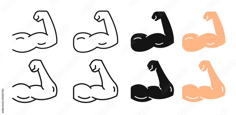 Strong man arm muscle vector icon set in black filled and outlined style Strong man arm muscle vector icon set in black filled and outlined style