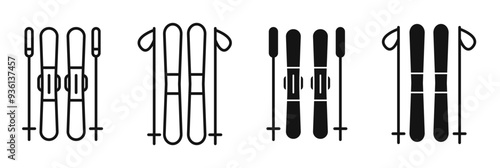 Snow skiing icon set. Mountain skier with crossed ski vector pictogram