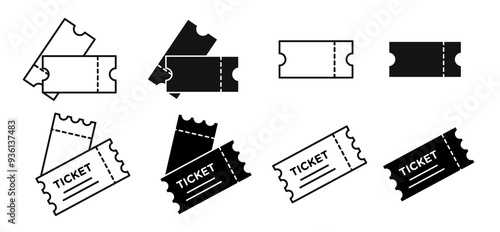 Tickets icon set in filled and outlined black color, isolated on white background with various styles. photo