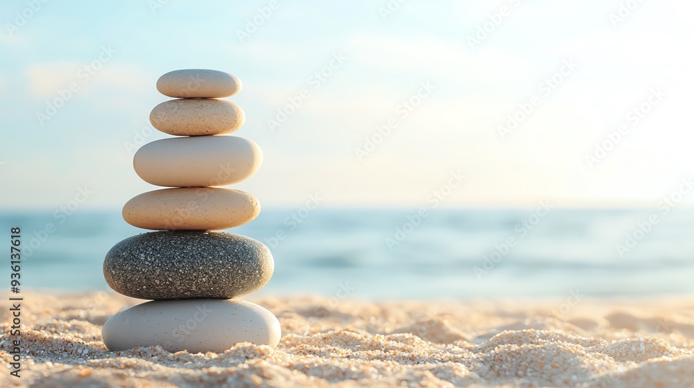 Fototapeta premium Meditation stones stacked on a beach, balance and peace in health, oceanic rejuvenation
