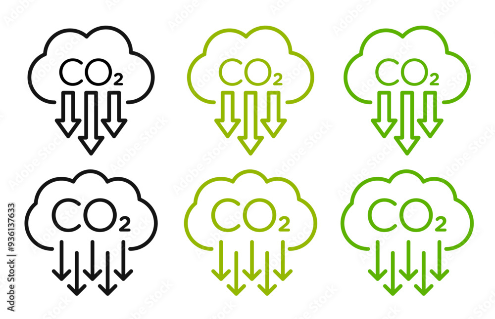 Reduce CO2 gas icon set in green and black colors. Zero carbon emissions symbols. Carbon reduction cloud pictogram. Cut CO2 sign with low carbon footprint and zero greenhouse gas logos Reduce CO2 gas icon set in green and black colors. Zero carbon emissions symbols. Carbon reduction cloud pictogram. Cut CO2 sign with low carbon footprint and zero greenhouse gas logos
