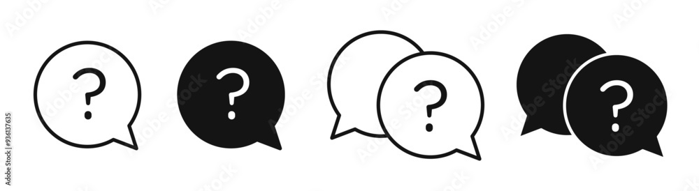 Question mark icon set. Help bubble button with doubt FAQ sign in black filled and outlined style. Question mark icon set. Help bubble button with doubt FAQ sign in black filled and outlined style.