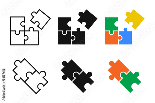 Puzzle icon set. Resolve sign with matching vector symbol in black filled and outlined style