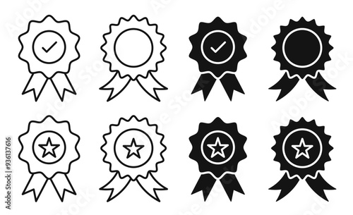 Rosette icon set featuring 1, tick, and star symbols. First prize icon with premium quality ribbon. Best, high standard, or top-quality product vector symbols
