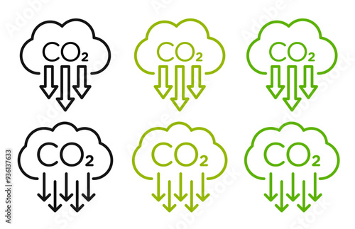 Reduce CO2 gas icon set in green and black colors. Zero carbon emissions symbols. Carbon reduction cloud pictogram. Cut CO2 sign with low carbon footprint and zero greenhouse gas logos