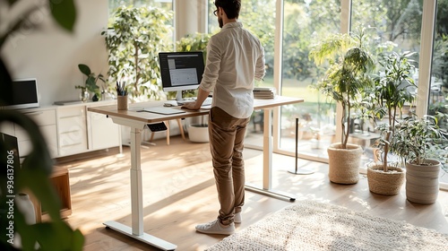 Person using a standing desk in a bright home office, health through ergonomic design, modern workspace