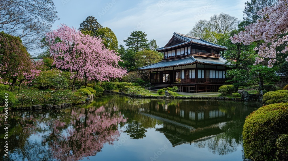 Japanese Garden with a Traditional House and Cherry Blossoms Japanese Garden with a Traditional House and Cherry Blossoms